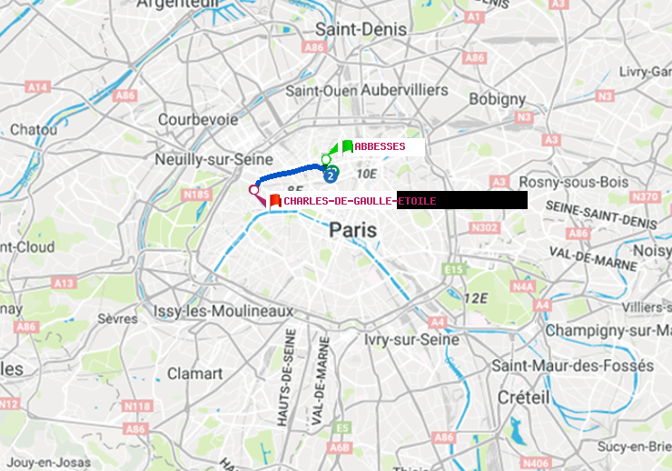 plan itinéraire ratp de Abbesses à Charles de Gaulle-Etoile