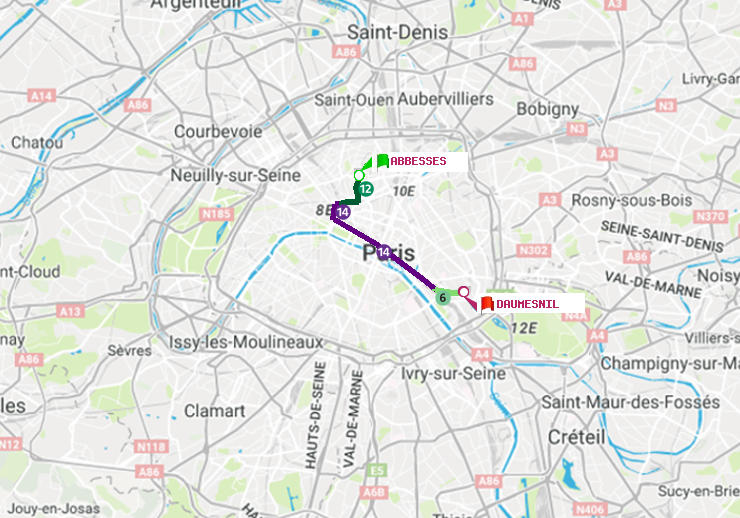 plan itinéraire ratp de Abbesses à Daumesnil (Félix Eboué)