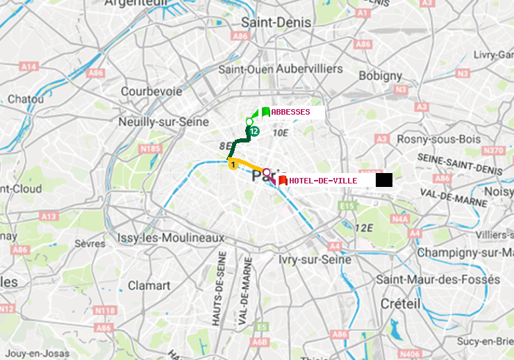 plan itinéraire ratp de Abbesses à Hôtel de Ville