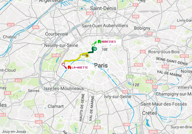 plan itinéraire ratp de Abbesses à La Muette