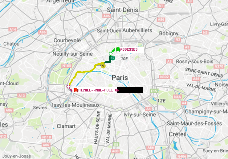 plan itinéraire ratp de Abbesses à Michel-Ange-Molitor