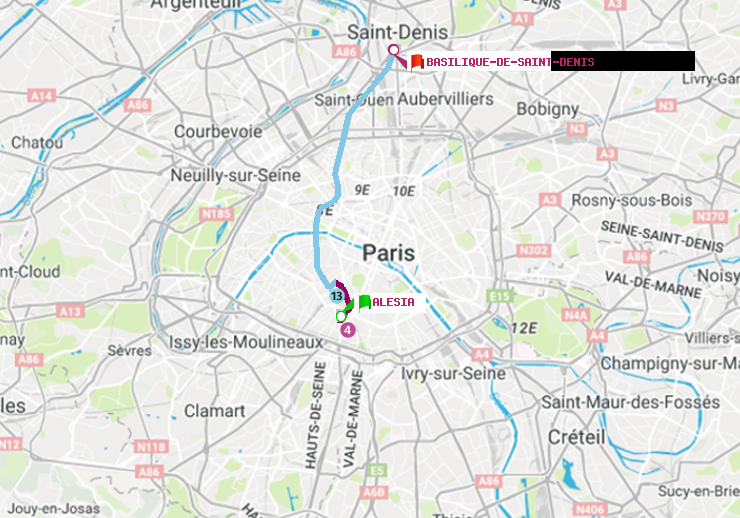plan itinéraire ratp de Alésia à Basilique de Saint-Denis