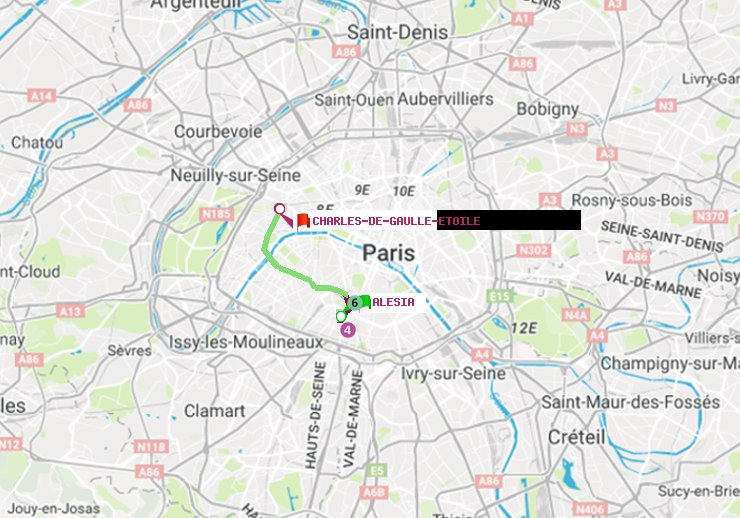 plan itinéraire ratp de Alésia à Charles de Gaulle-Etoile