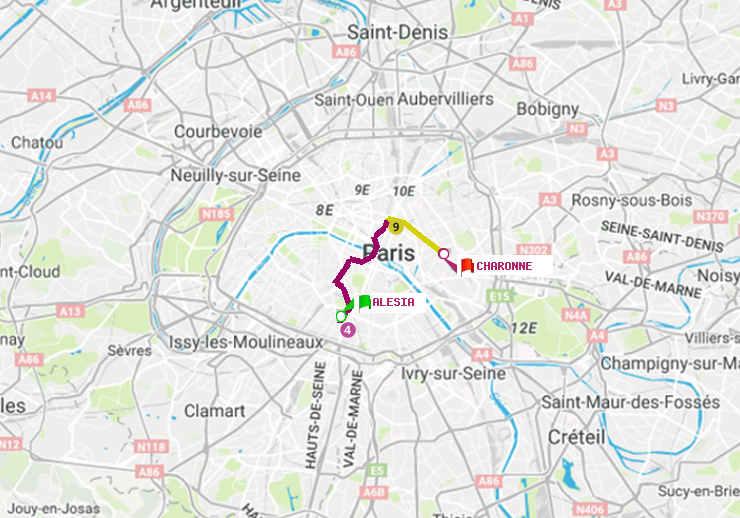 plan itinéraire ratp de Alésia à Charonne