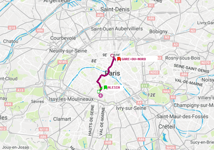 plan itinéraire ratp de Alésia à Gare du Nord