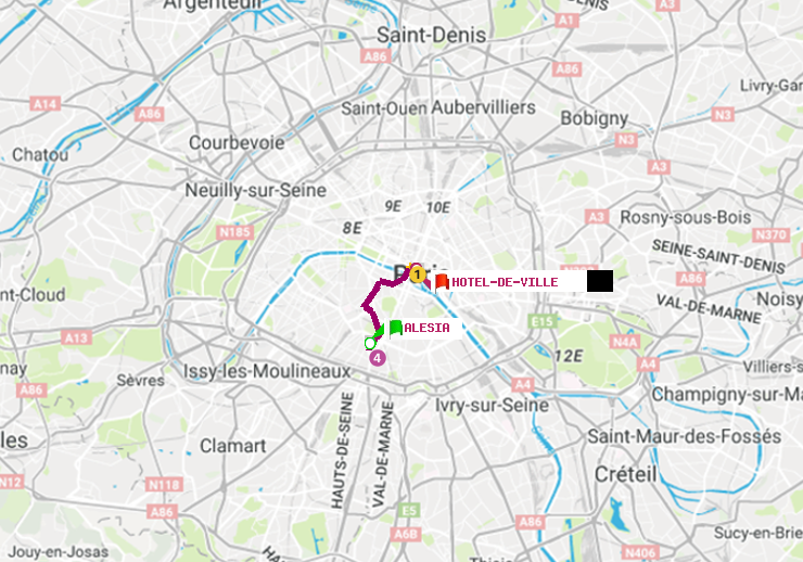 plan itinéraire ratp de Alésia à Hôtel de Ville