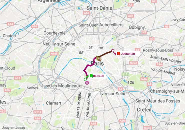 plan itinéraire ratp de Alésia à Jourdain
