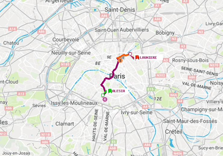 plan itinéraire ratp de Alésia à Laumière