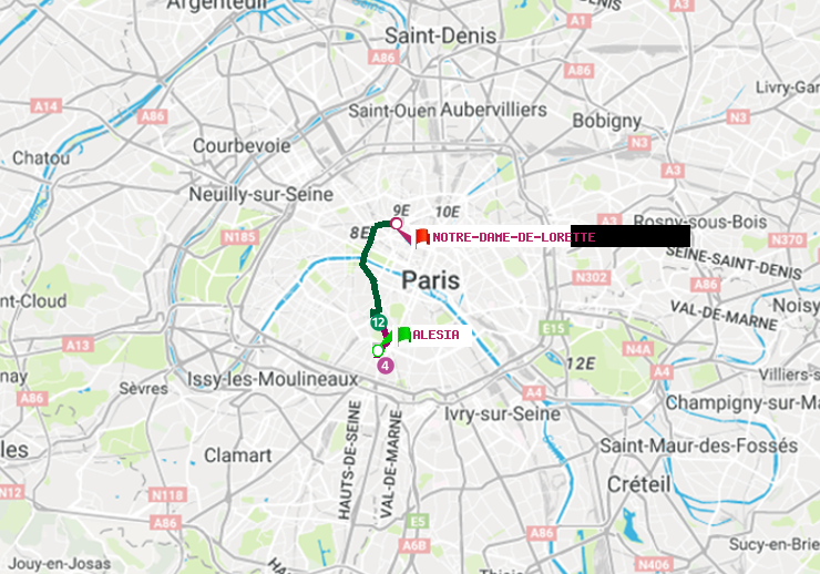 plan itinéraire ratp de Alésia à Notre-Dame de Lorette