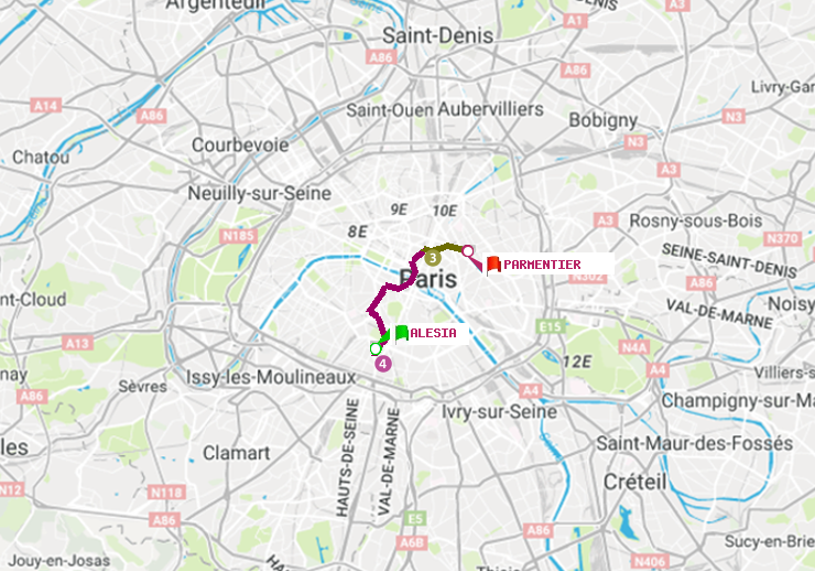 plan itinéraire ratp de Alésia à Parmentier