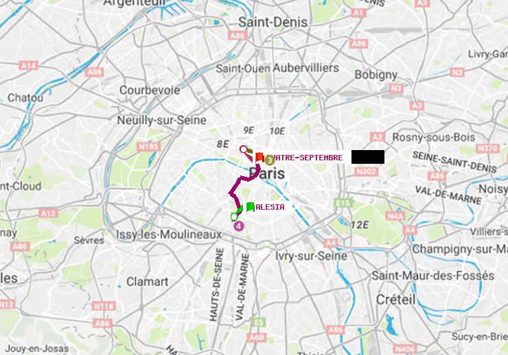 plan itinéraire ratp de Alésia à Quatre Septembre