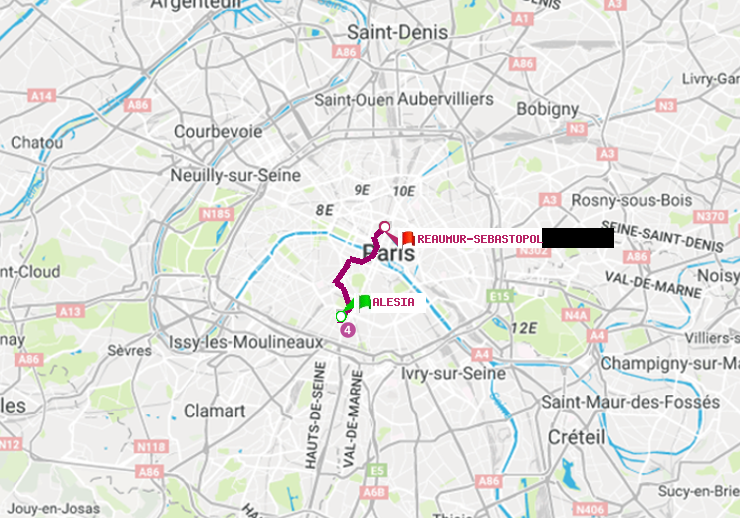 plan itinéraire ratp de Alésia à Réaumur-Sébastopol