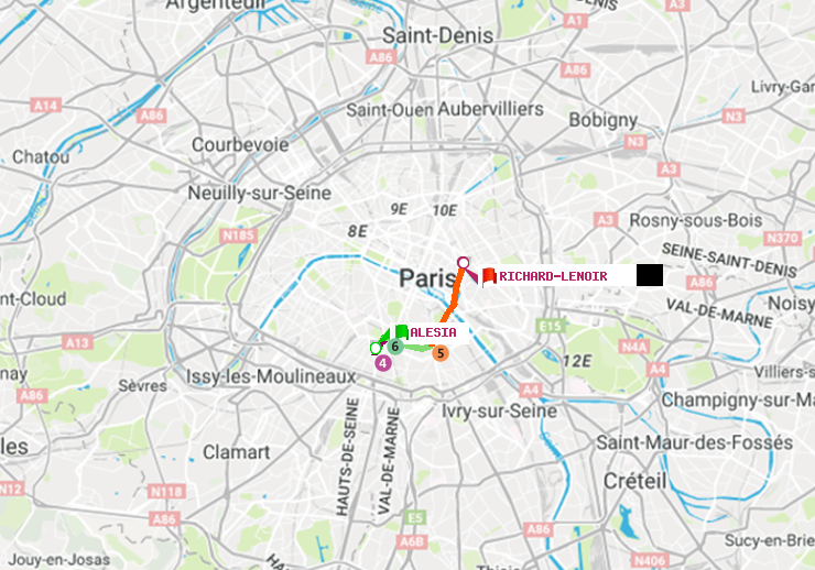 plan itinéraire ratp de Alésia à Richard-Lenoir