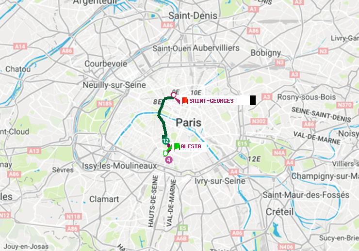 plan itinéraire ratp de Alésia à Saint-Georges