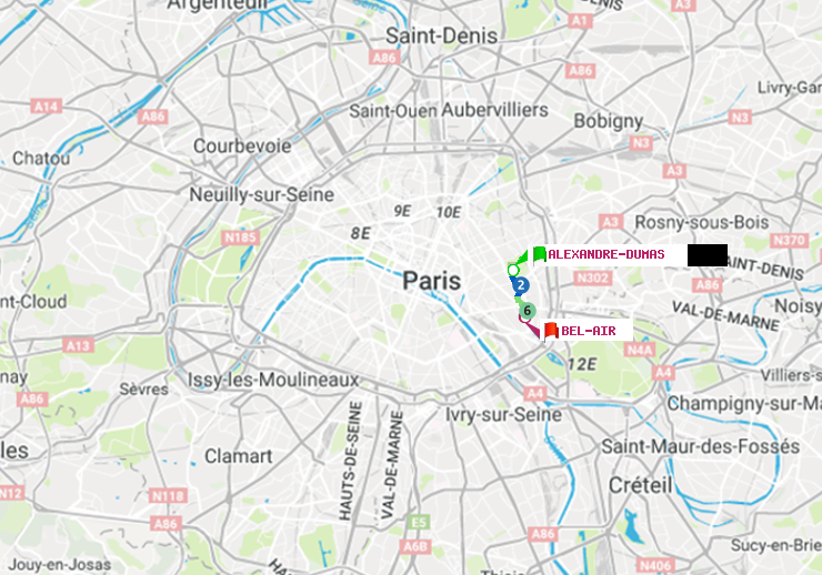 plan itinéraire ratp de Alexandre-Dumas à Bel-Air