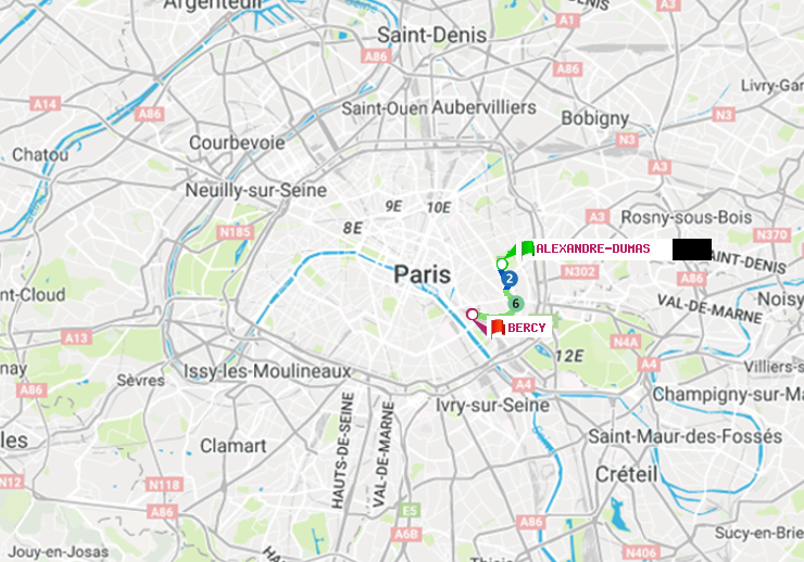 plan itinéraire ratp de Alexandre-Dumas à Bercy