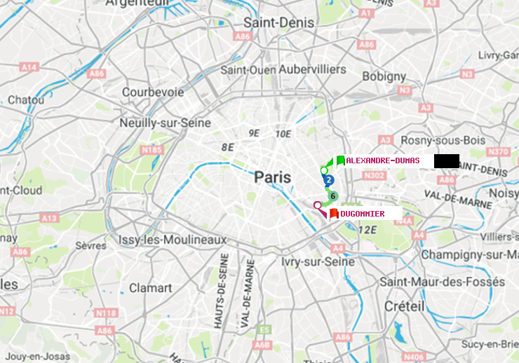 plan itinéraire ratp de Alexandre-Dumas à Dugommier