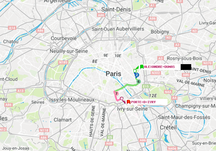 plan itinéraire ratp de Alexandre-Dumas à Porte d