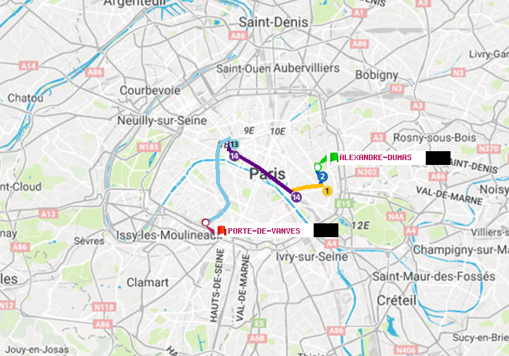 plan itinéraire ratp de Alexandre-Dumas à Porte de Vanves
