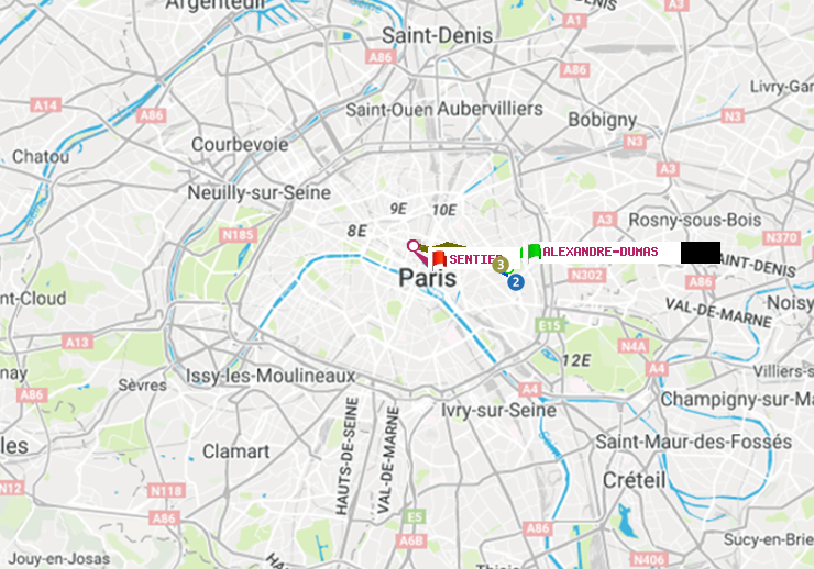 plan itinéraire ratp de Alexandre-Dumas à Sentier