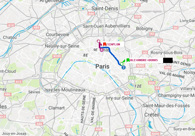 plan itinéraire ratp de Alexandre-Dumas à Simplon