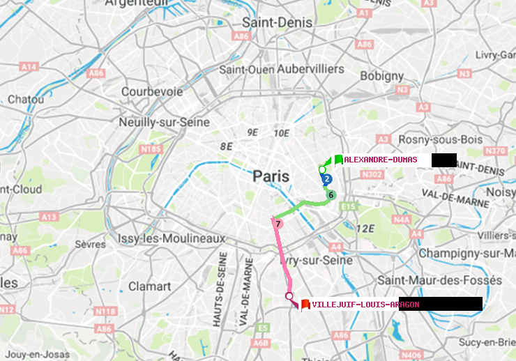plan itinéraire ratp de Alexandre-Dumas à Villejuif-Louis Aragon