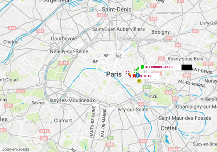 plan itinéraire ratp de Alexandre-Dumas à Voltaire (Léon Blum)