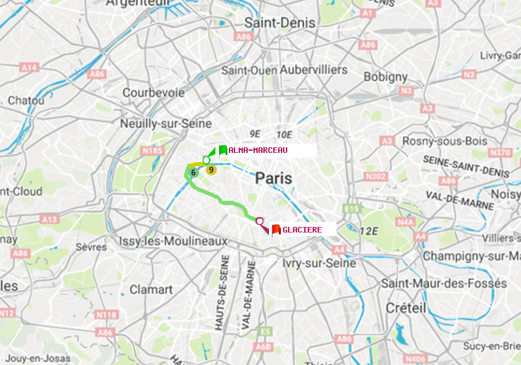 plan itinéraire ratp de Alma-Marceau à Glacière