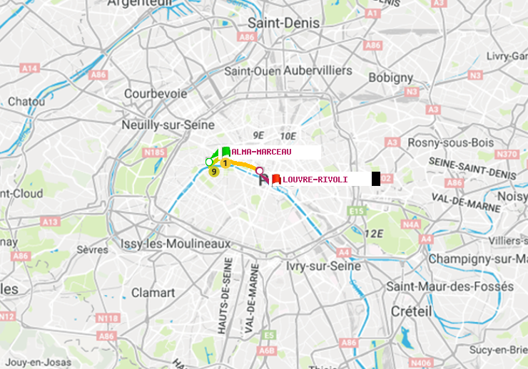 plan itinéraire ratp de Alma-Marceau à Louvre-Rivoli