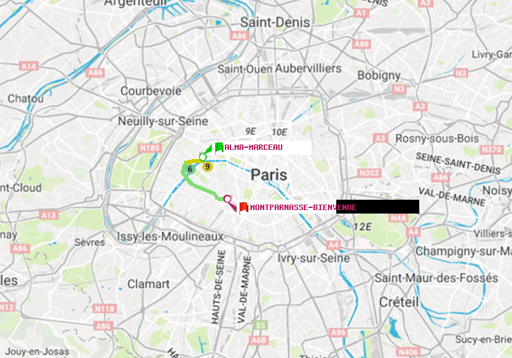 plan itinéraire ratp de Alma-Marceau à Montparnasse-Bienvenue