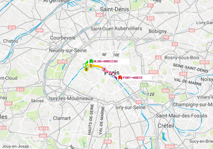 plan itinéraire ratp de Alma-Marceau à Pont Marie (Cité des Arts)