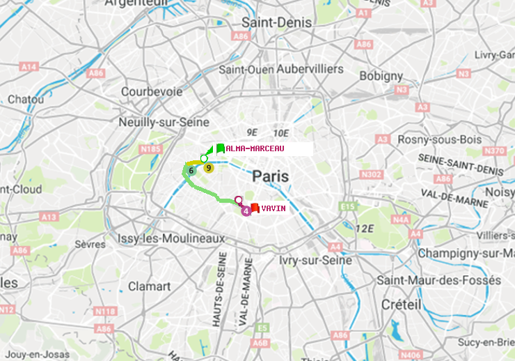 plan itinéraire ratp de Alma-Marceau à Vavin