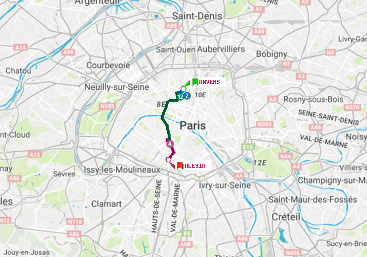 plan itinéraire ratp de Anvers à Alésia