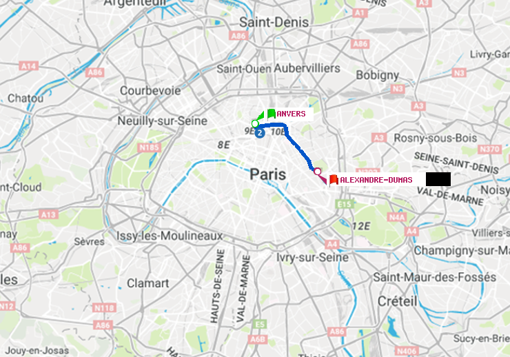 plan itinéraire ratp de Anvers à Alexandre-Dumas