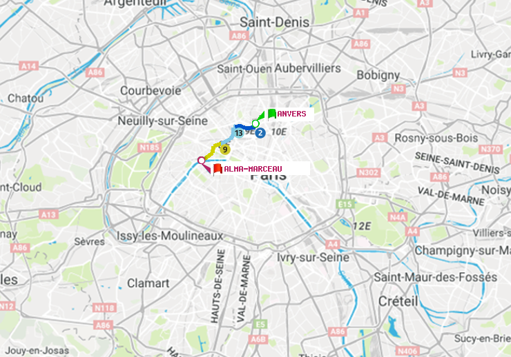 plan itinéraire ratp de Anvers à Alma-Marceau