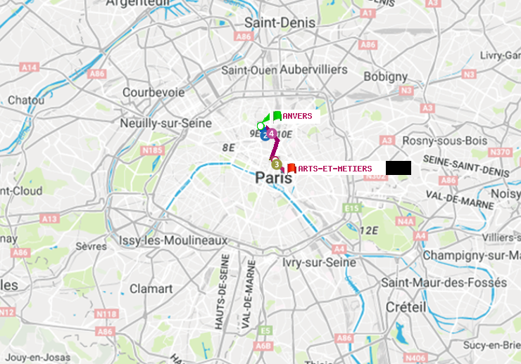 plan itinéraire ratp de Anvers à Arts-et-Métiers