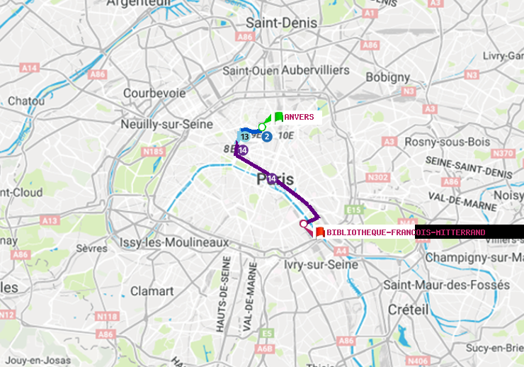 plan itinéraire ratp de Anvers à Bibliotheque-Francois Mitterrand