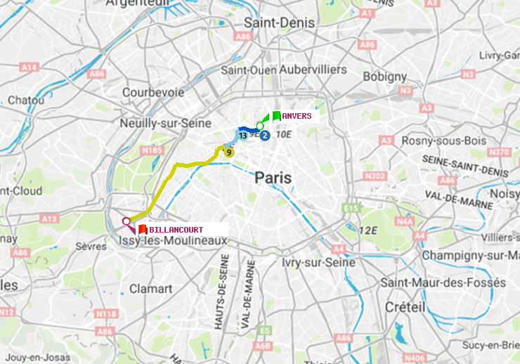 plan itinéraire ratp de Anvers à Billancourt