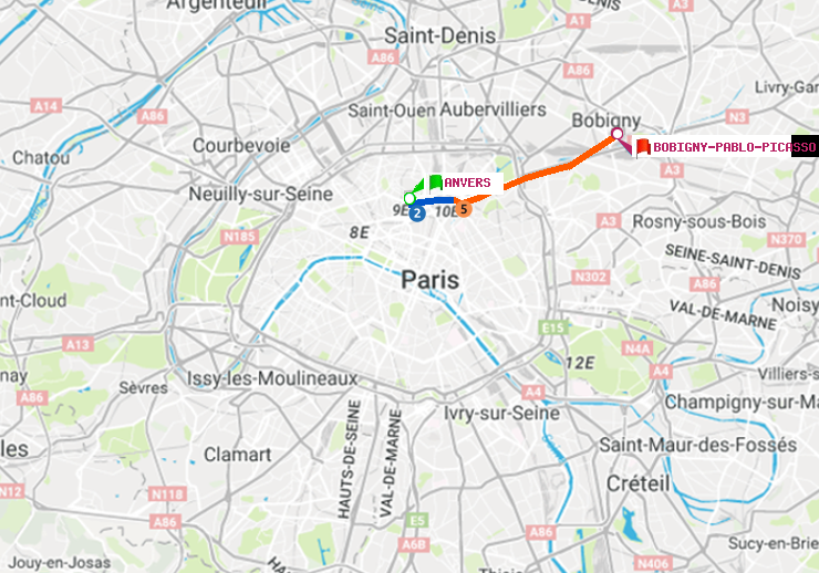 plan itinéraire ratp de Anvers à Bobigny-Pablo-Picasso