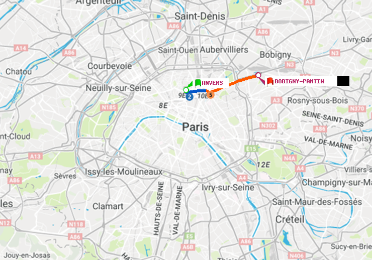 plan itinéraire ratp de Anvers à Bobigny-Pantin (Raymond Queneau)
