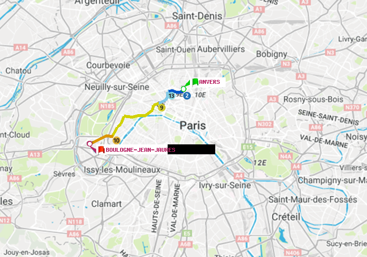 plan itinéraire ratp de Anvers à Boulogne-Jean-Jaurès