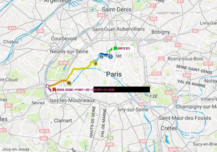 plan itinéraire ratp de Anvers à Boulogne Pont de Saint-Cloud
