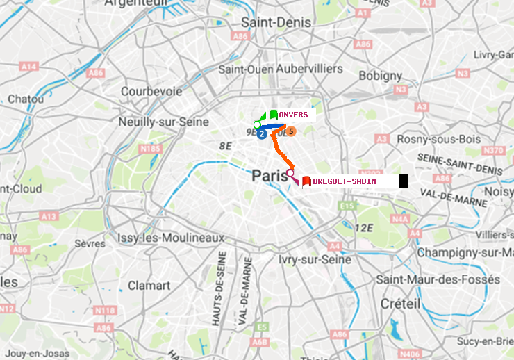 plan itinéraire ratp de Anvers à Bréguet-Sabin
