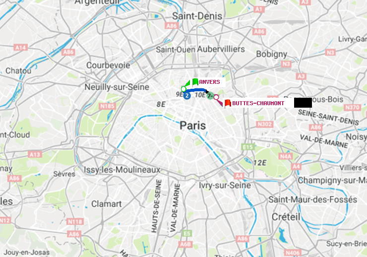plan itinéraire ratp de Anvers à Buttes-Chaumont