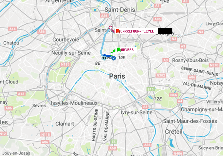 plan itinéraire ratp de Anvers à Carrefour-Pleyel
