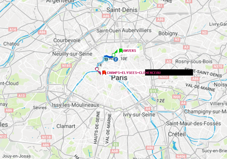 plan itinéraire ratp de Anvers à Champs-Elysées-Clémenceau