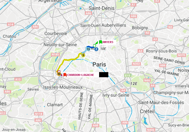 plan itinéraire ratp de Anvers à Chardon-Lagache