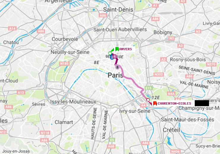 plan itinéraire ratp de Anvers à Charenton-Ecoles