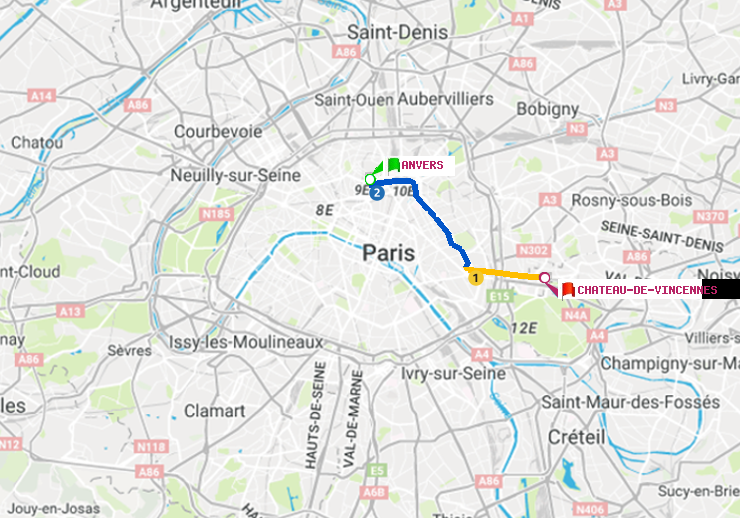 plan itinéraire ratp de Anvers à Château de Vincennes