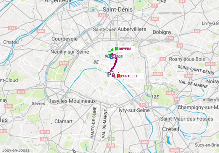 plan itinéraire ratp de Anvers à Châtelet